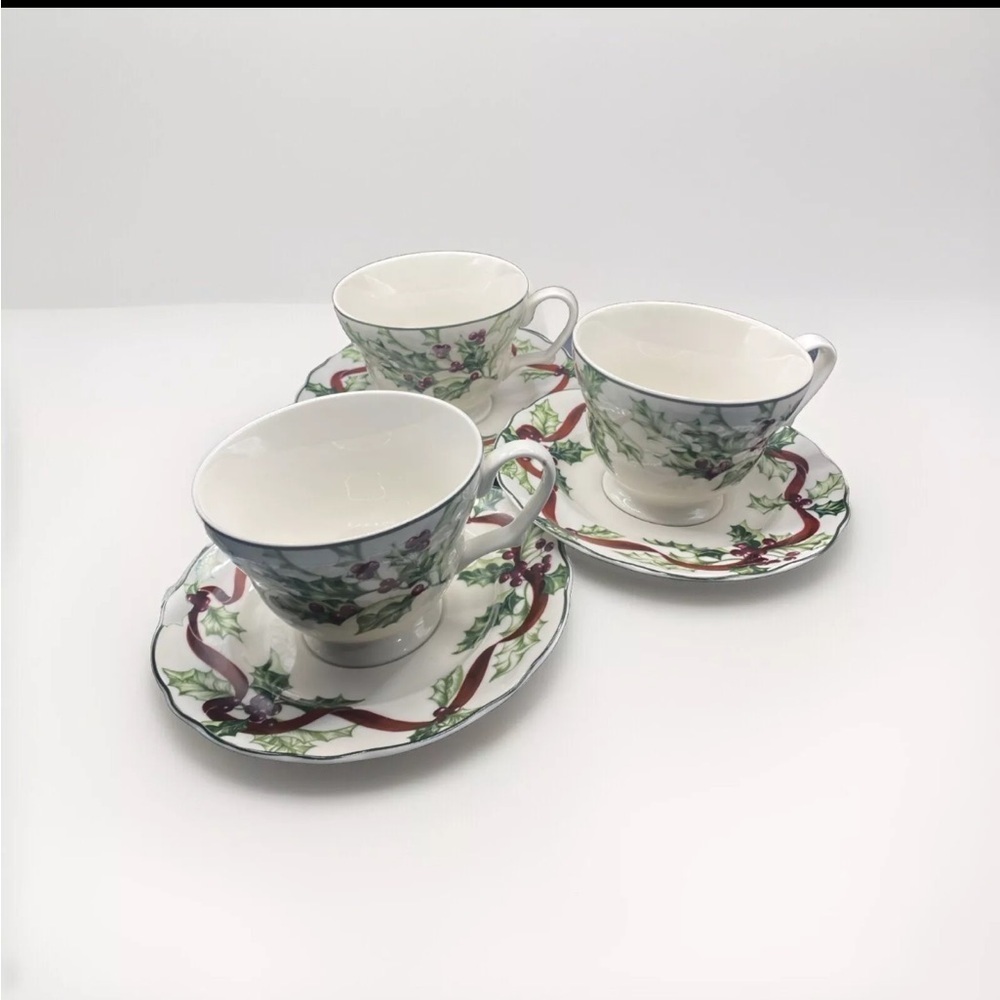 Charter Club Winter Garland Lot of 3 Oversized Cup and Saucer Sets